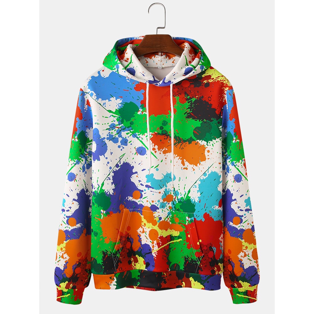 Mens Splash Ink Printing Print Drop Shoulder Kangaroo Pocket Casual Drawstring Hoodies - White S