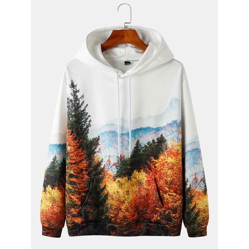 Mens Forest Landscape Print Drawstring Pullover Hoodies With Pouch Pocket - White L