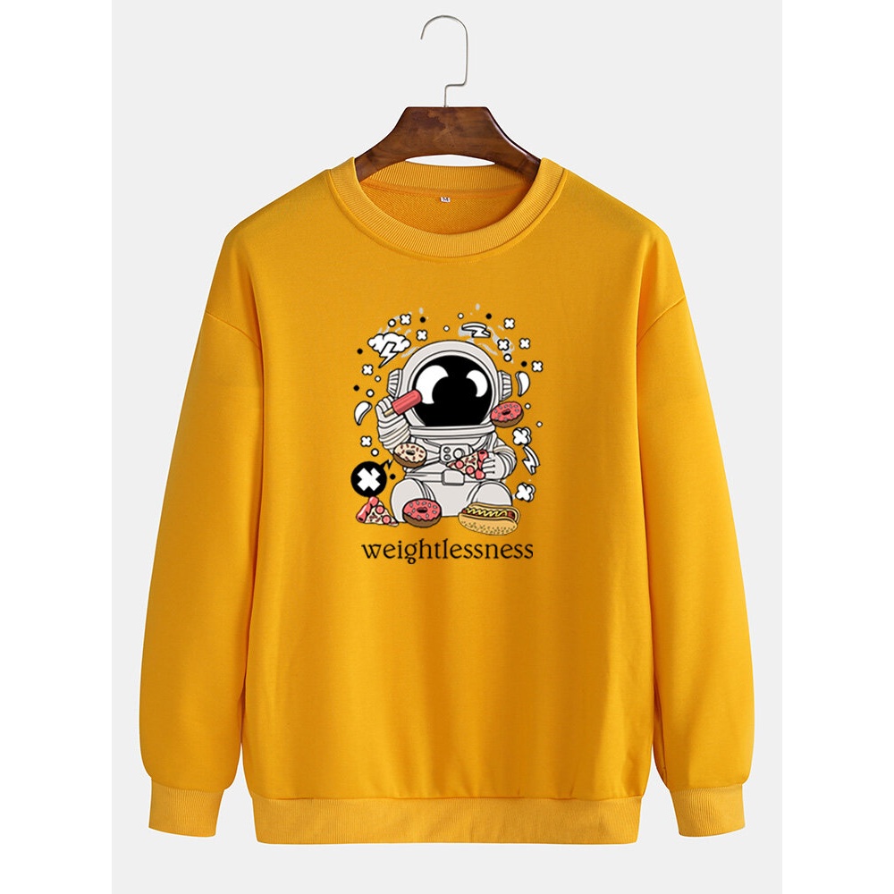 Mens Cartoon Astronaut Print Crew Neck Casual Pullover Sweatshirt - Yellow M
