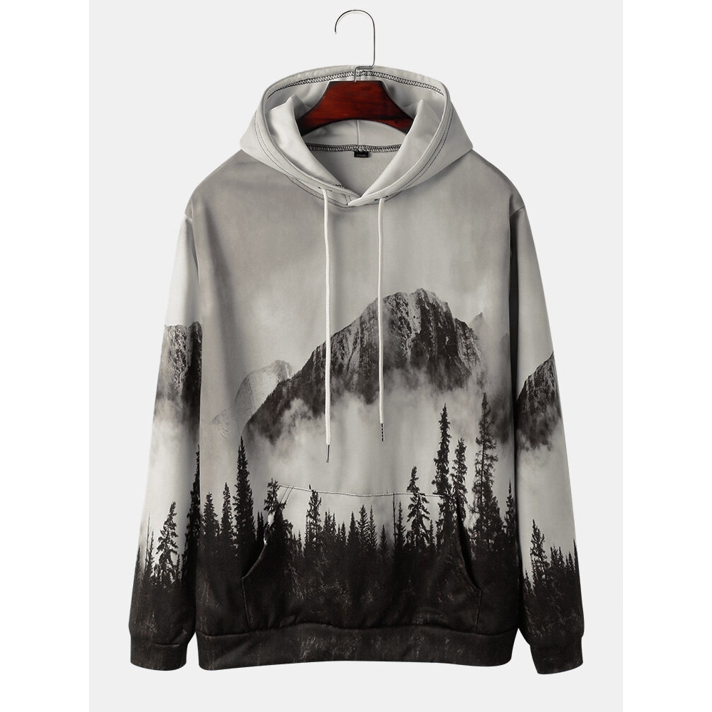 Mens Mountain Scenery Allover Print Drawstring Hoodies With Kangaroo Pocket - Grey L