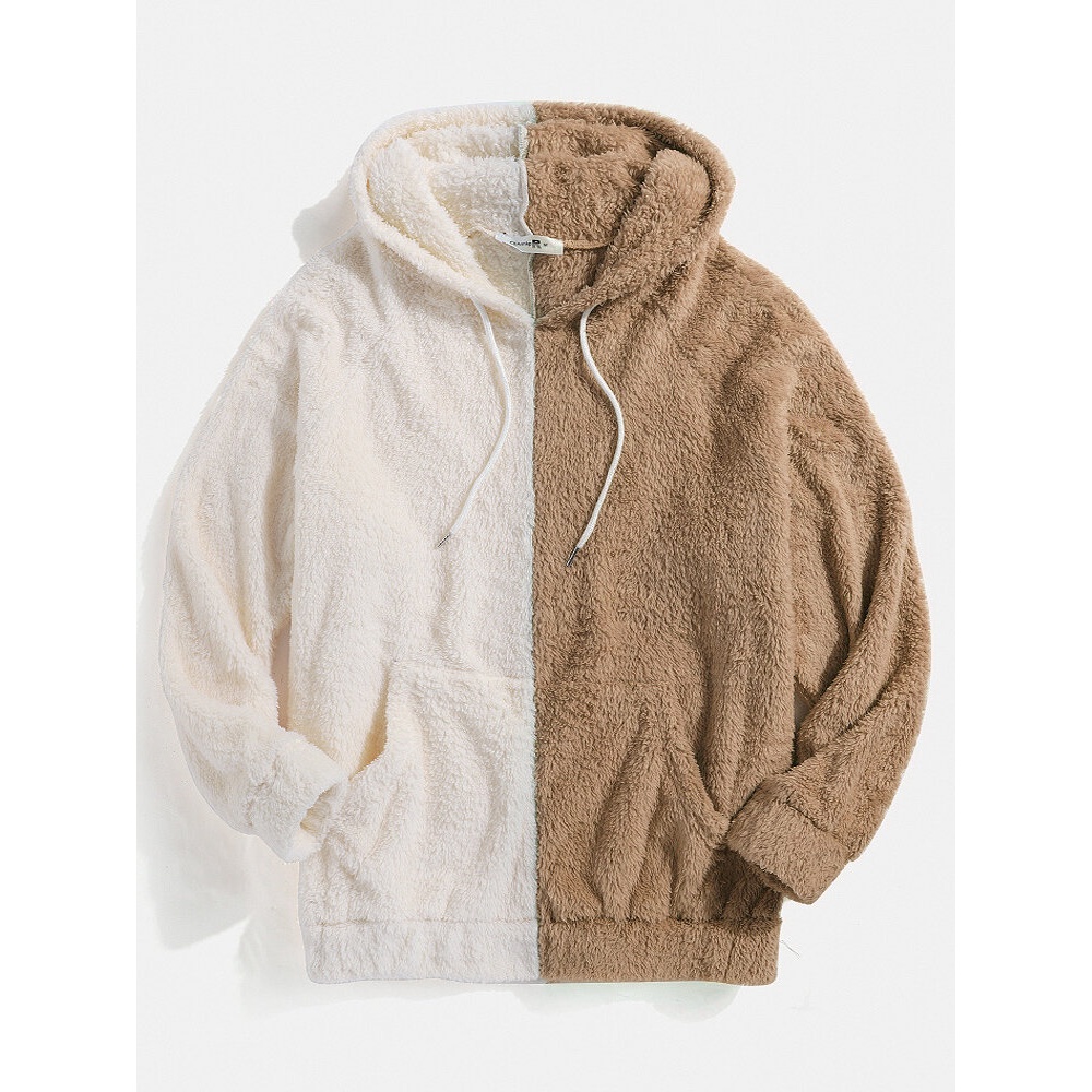Mens Contrasting Colors Patchwork Fluffy Pocket Long Sleeve Hoodies - Beige S
