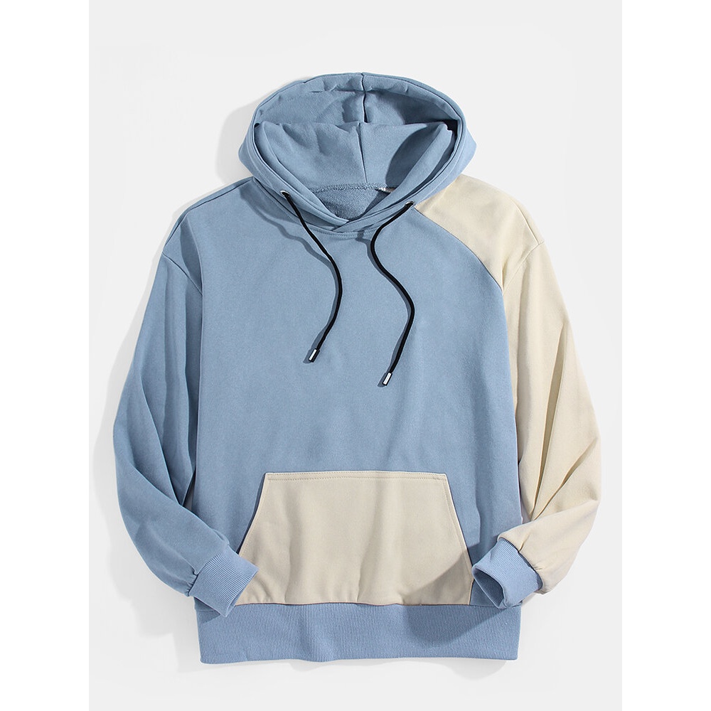 Mens Patchwork Solid Color Kangaroo Pocket Drop Shoulder Hoodies - S Blue