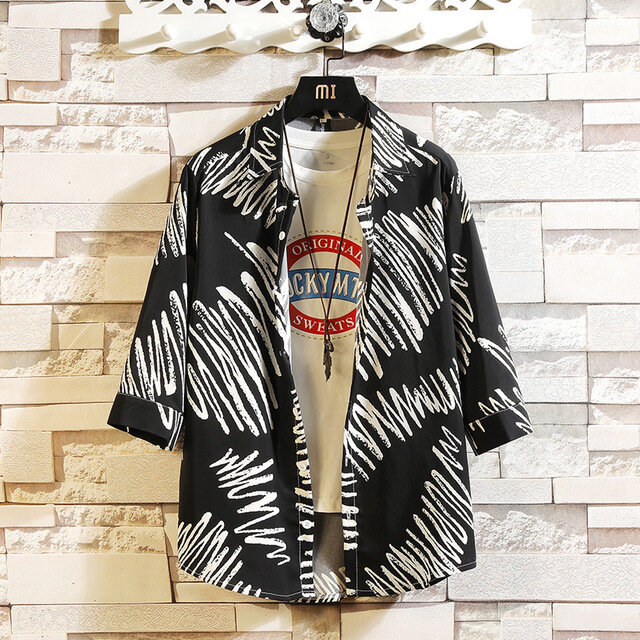 Season Men's Half Sleeve Large Size Loose Seven-point Sleeve Flower Shirt Large Size Men's Shirt - 2XL Black background - Image 2