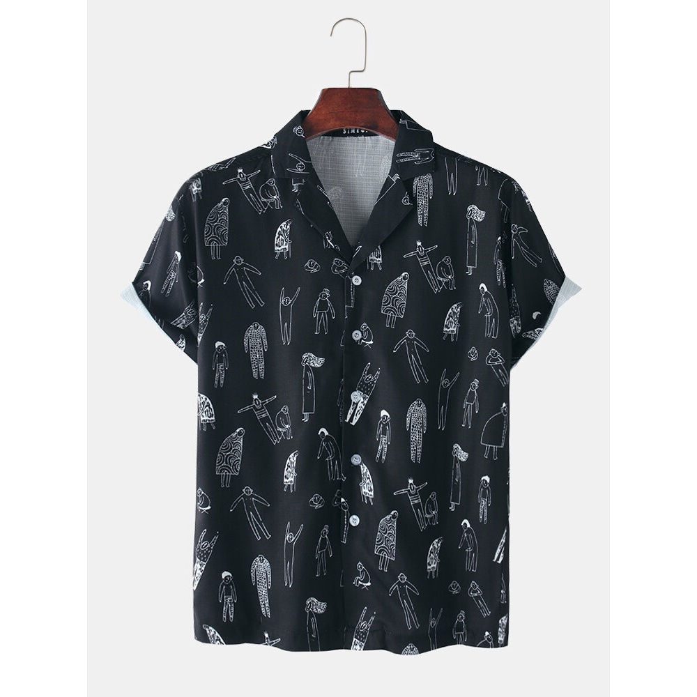 Mens Cartoon Figure Print Revere Collar Short Sleeve Shirts - White M