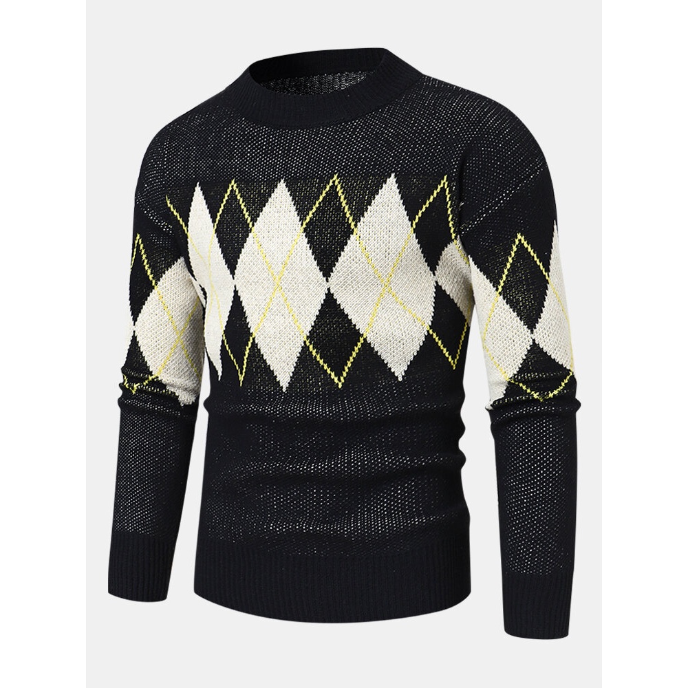 Men Knitted Lattice Long Sleeve Casual Round Neck Loose Sweaters - Black M