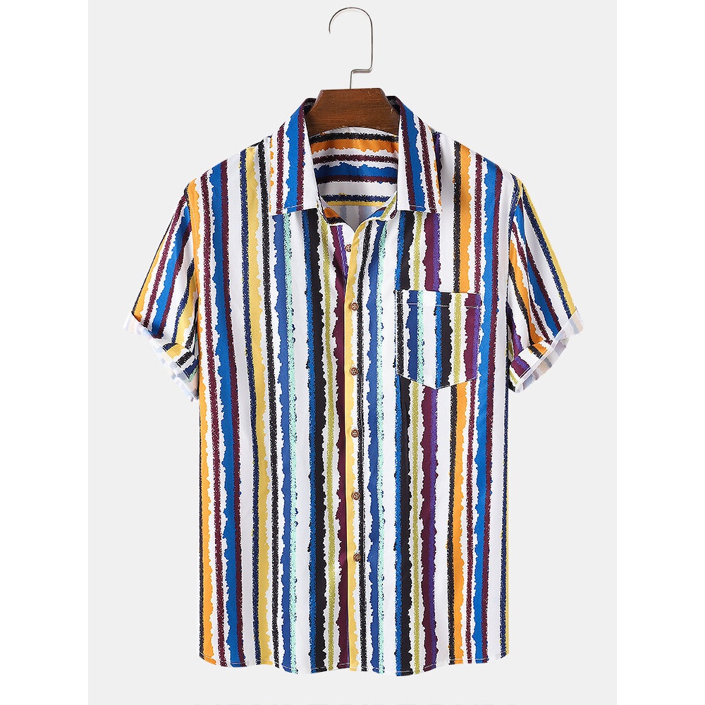 Mens Colorful Striped Print Pocket Lapel Short Sleeve Shirt - White S