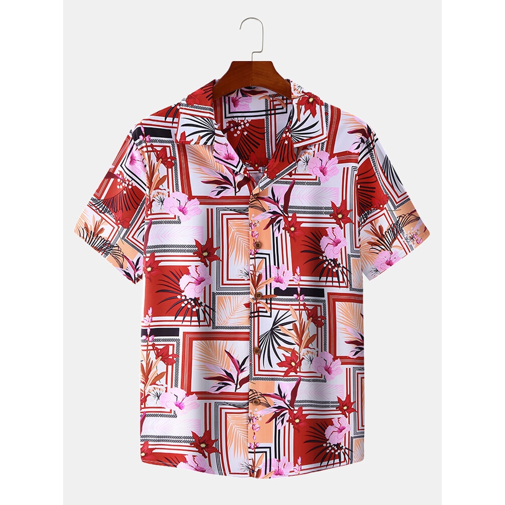 Mens Floral Geometric Print Holiday Casual Lapel Short Sleeve Shirt - Blue M