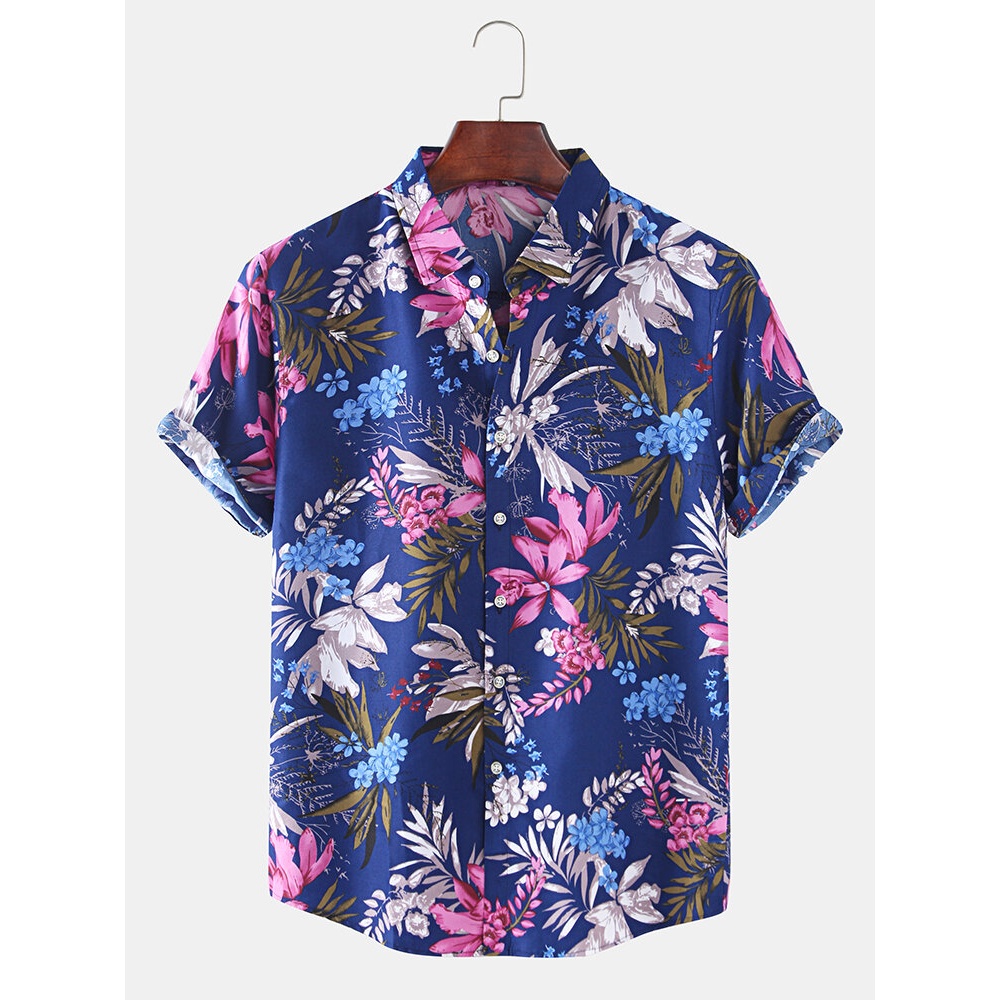 Mens Tropical Plant Leaves Print Short Sleeve Holiday Designer Shirts - Blue XL