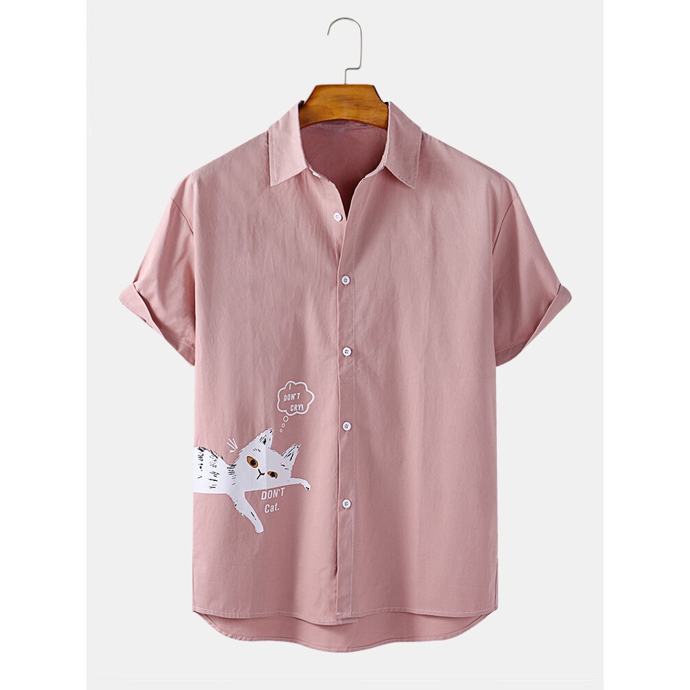 Mens Cotton Funny Cat Cartoon Print Short Sleeve Casual Shirts - White M
