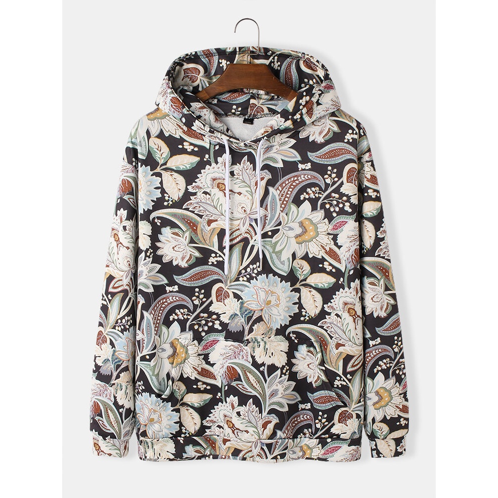 Mens Vintage Floral Print Long Sleeve Hoodies With Kangaroo Pocket - Black M