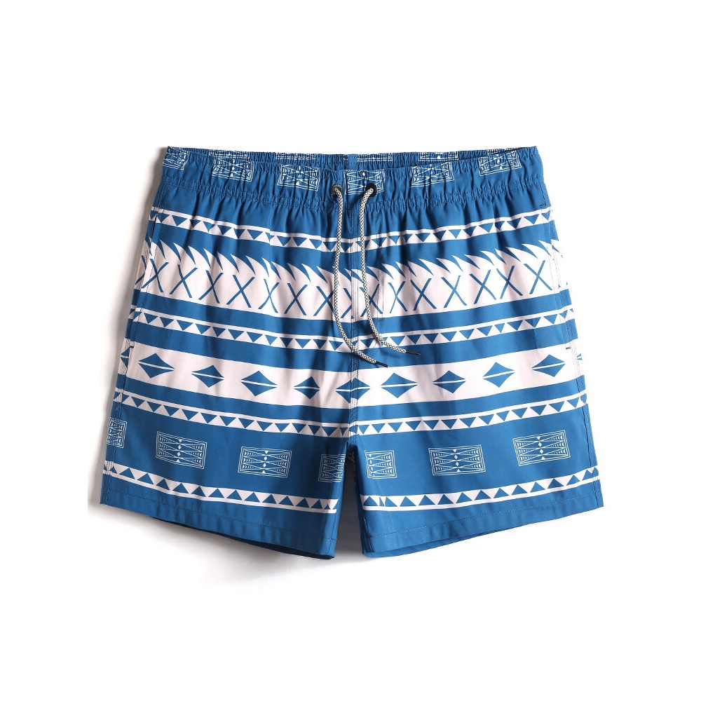 Mens Quick Drying Vintage Geo Print Drawstring Waist Beach Shorts - Blue S