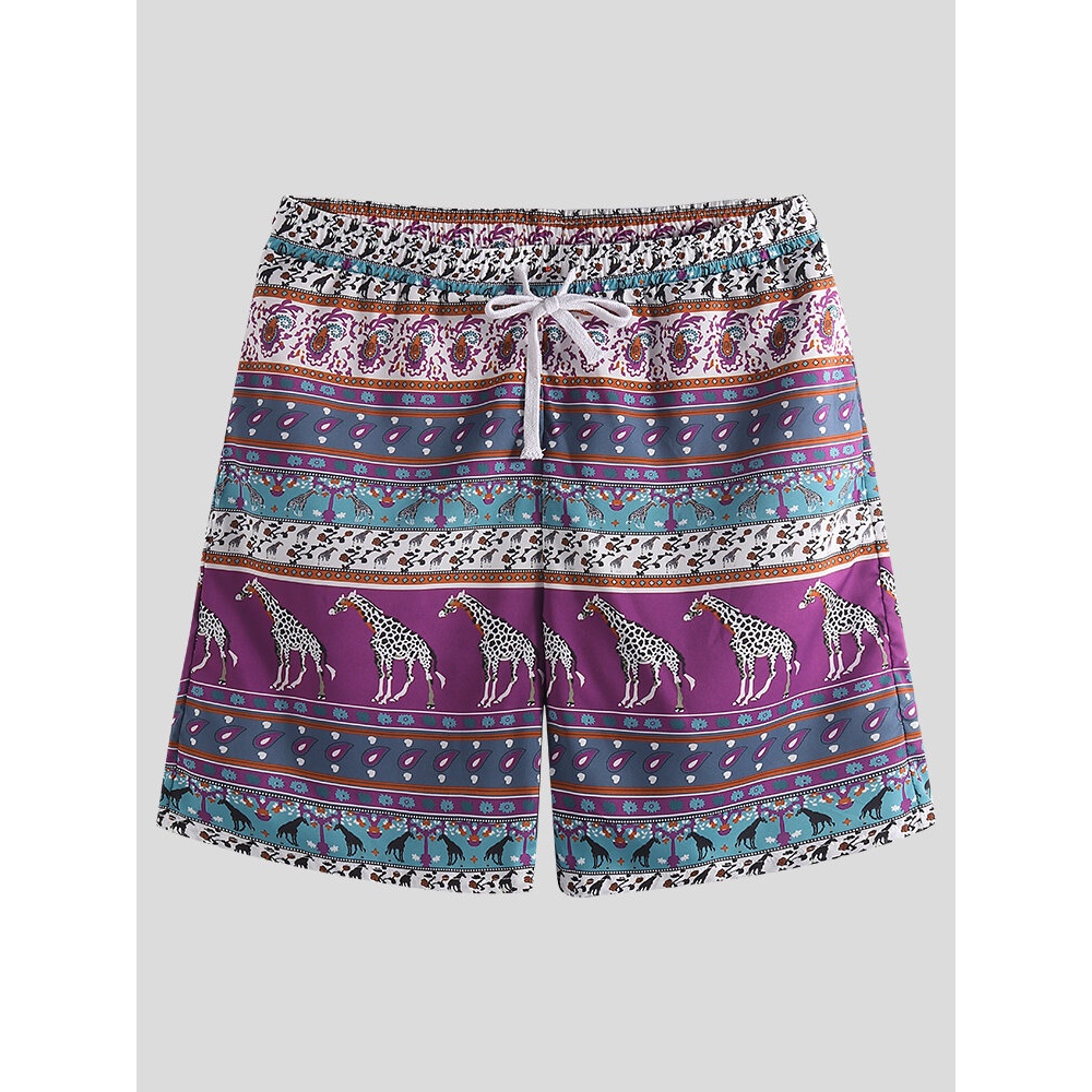 Men Ethnic Pattern Giraffe Print Drawstring Casual Shorts - Red M