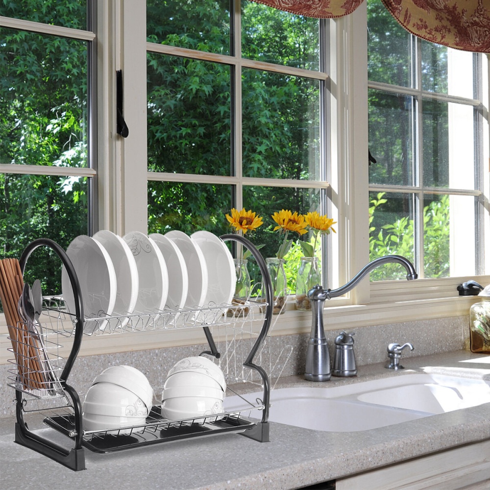 Multifunctional Double Layer Dish Rack Drain Rack Kitchen Storage Table And Chopsticks Rack - Image 2