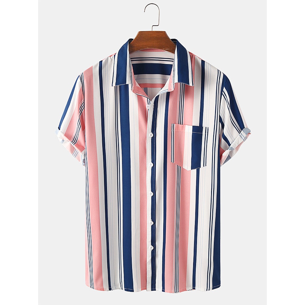 Mens Colorful Striped Practical Pocket Casual Shirts - Pink XL