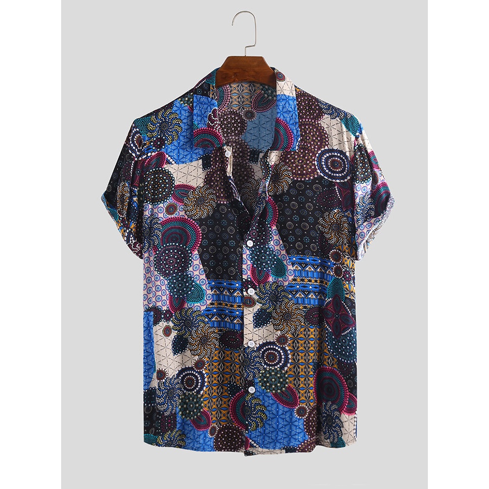 Mens Summer 100% Rayon Ethnic Colorful Printed Casual Shirts - L Blue