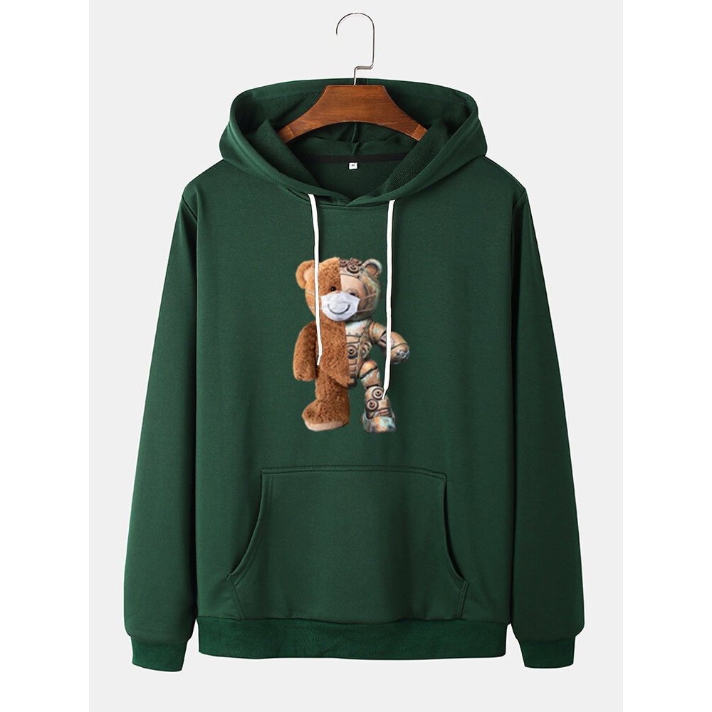 Mens Cartoon Bear Graphic Cotton Drawstring Hoodies With Pouch Pocket - Black L