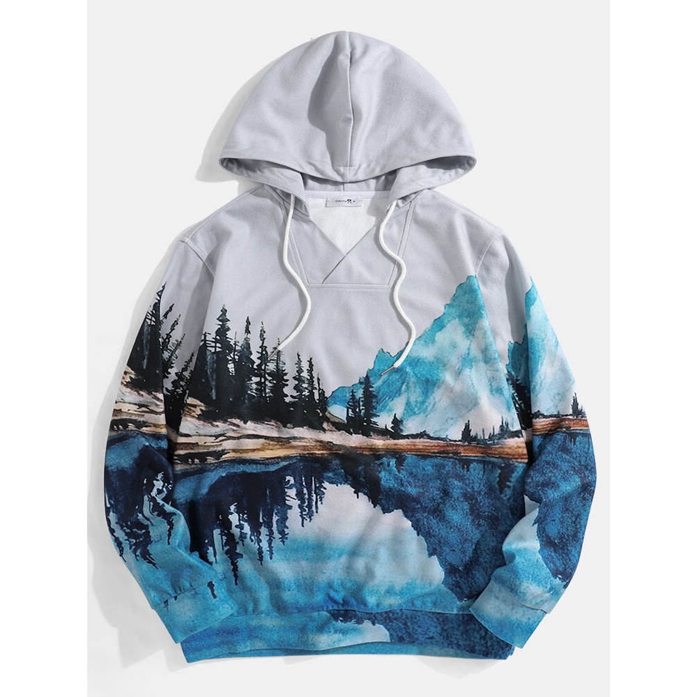 Mens Design Landscape Print Long Sleeve Hoodies With Kangaroo Pocket - 2XL Grey