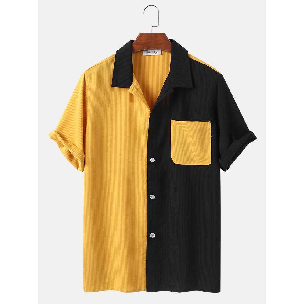 Mens Splicing Style Pocket Patchwork Striped Short Sleeve Casual Shirts - Yellow 2XL