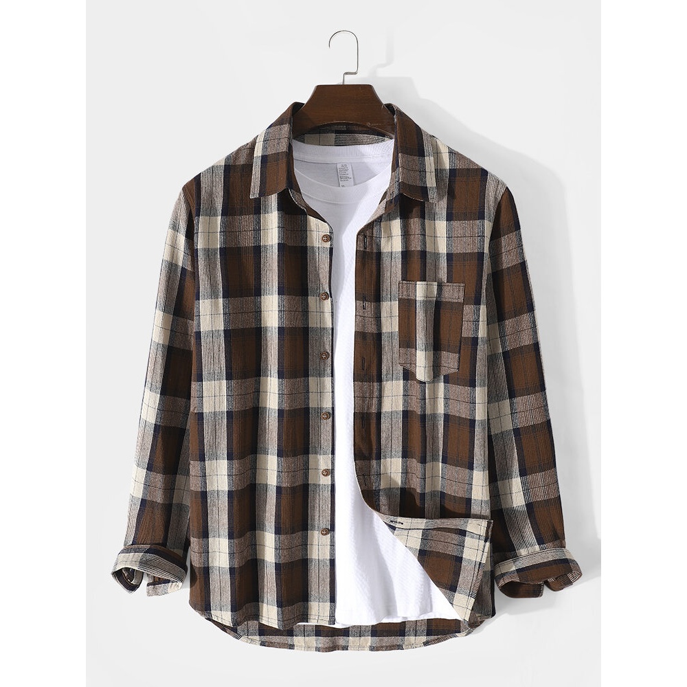 Mens 100% Cotton Plaid Lapel Chest Pocket Long Sleeve Shirts - Brown S