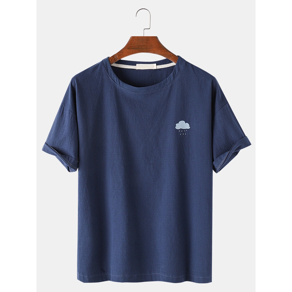 Mens Solid Color Weather Pattern Loose Casual Round Neck T-Shirts - Khaki L