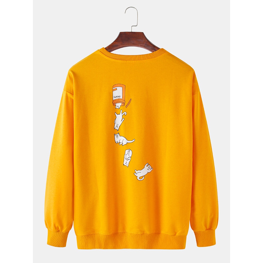 Funny Cat Print Round Neck Long Sleeve Casual Sweatshirts - White L