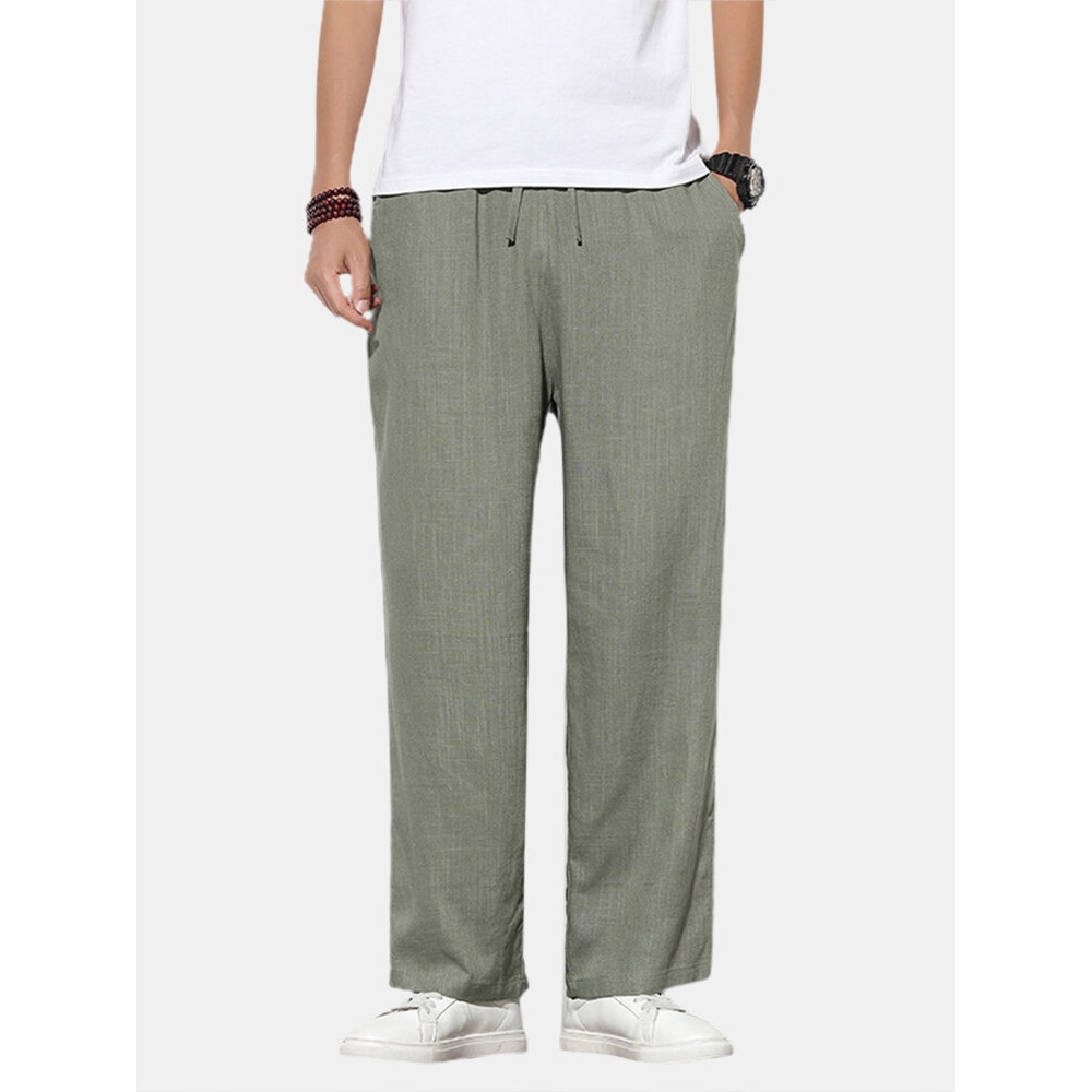 Cotton Mens Solid Color Drawstring Loose Wide Leg Pants With Pocket - Khaki 2XL