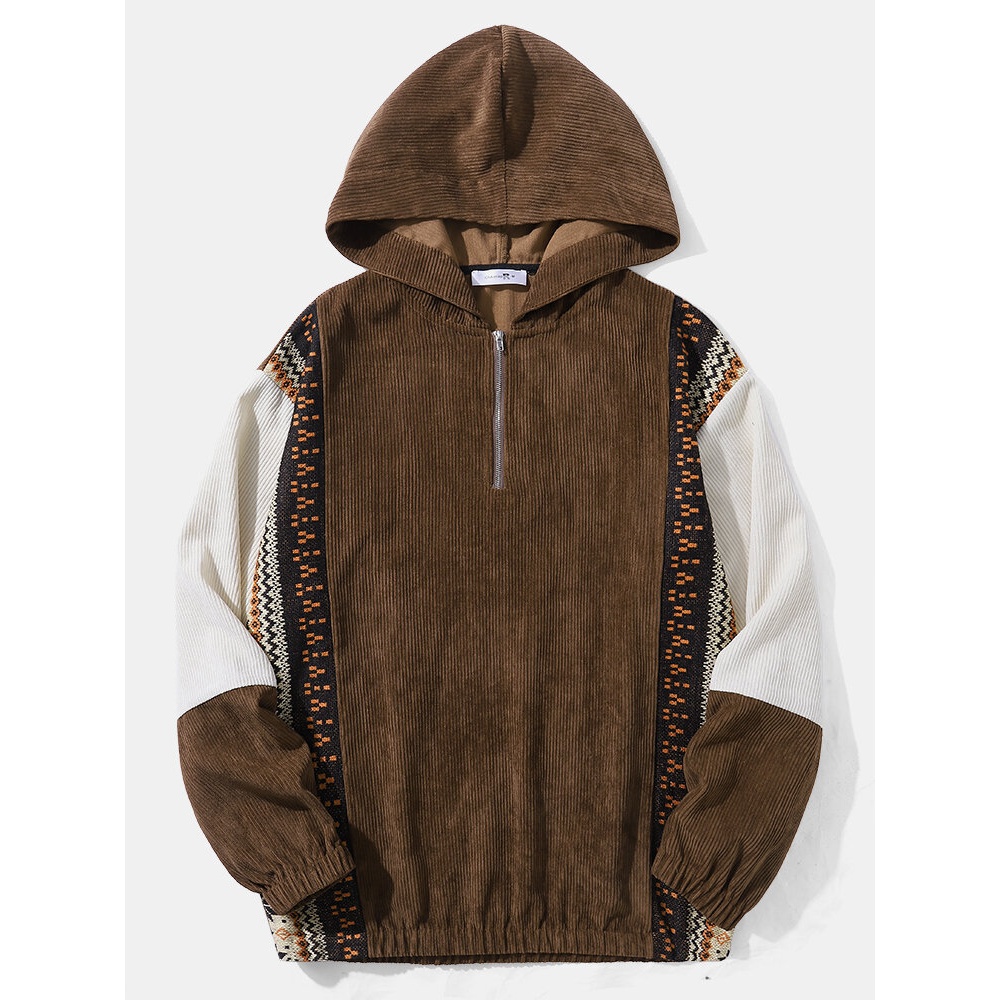 Men Corduroy Patchwork Ethnic Style Contrast Color Casual Hooded Sweatshirt - Coffee S