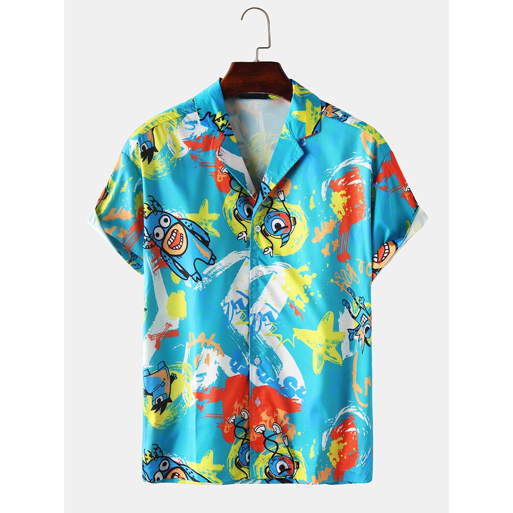 Mens Funny Graffiti Cartoon Print Short Sleeve Lapel Collar Short Sleeve Shirts - Black M