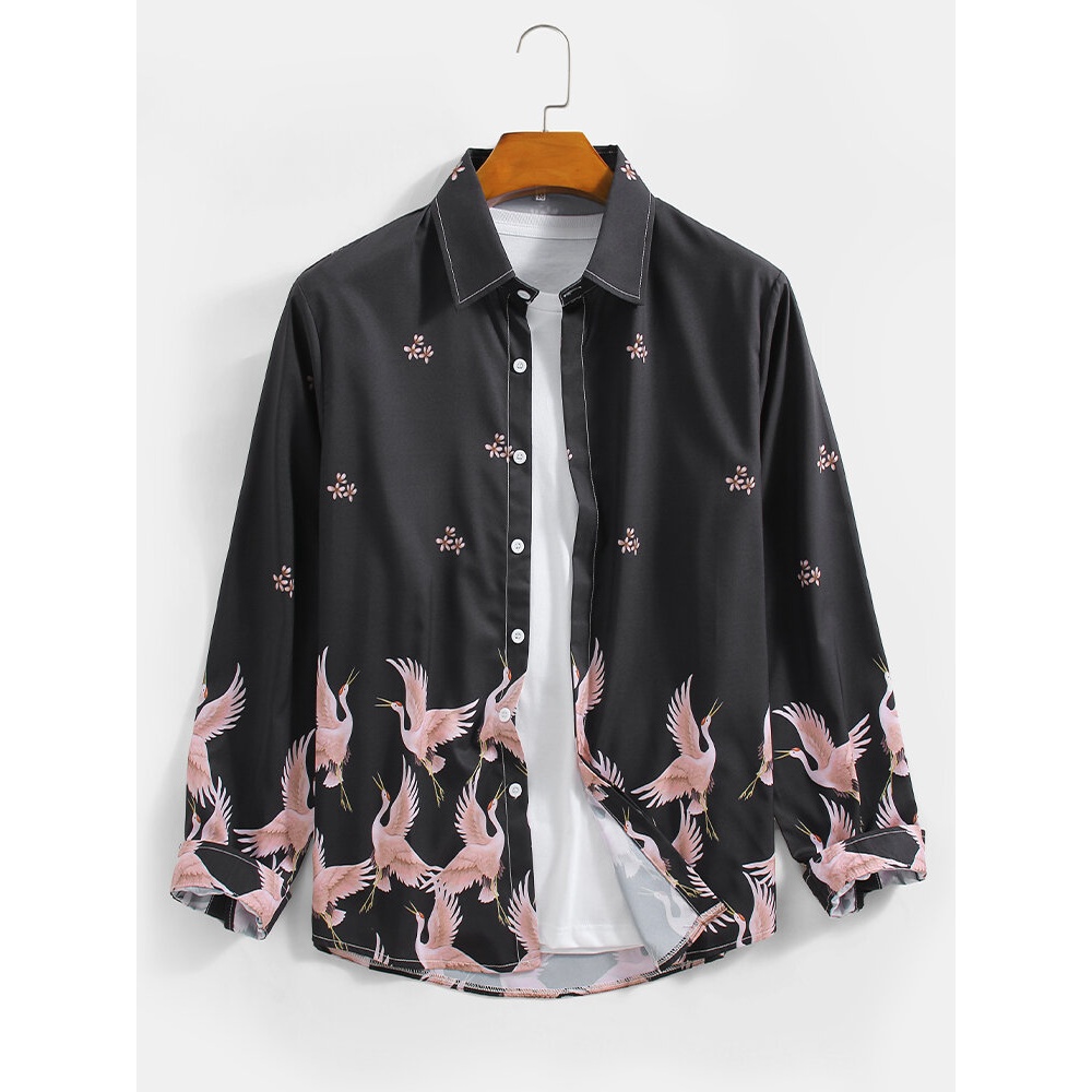 Mens Oriental Crane Print Ethnic Style Long Sleeve Black Ethnic Style Shirts - Black XL