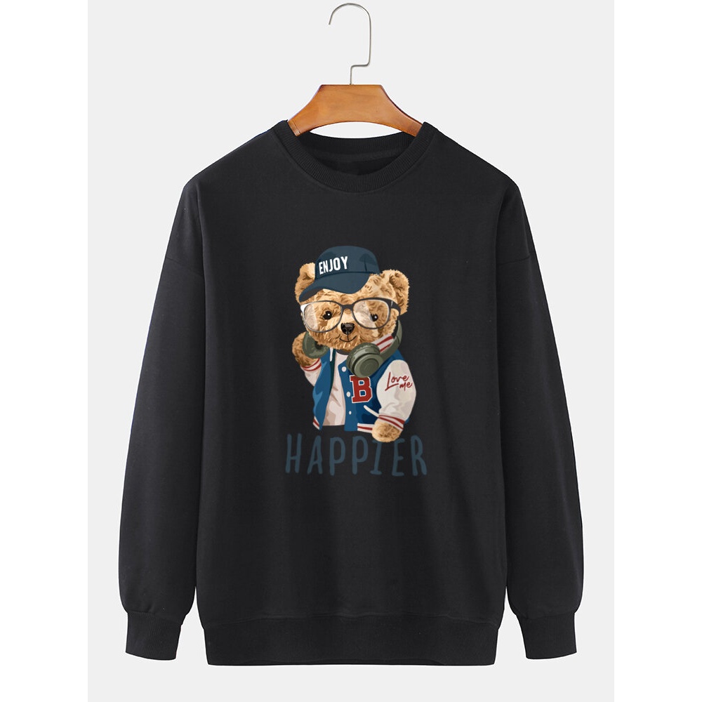 Mens Bear Cartoon Printed Preppy Crew Neck Sweatshirt - White S
