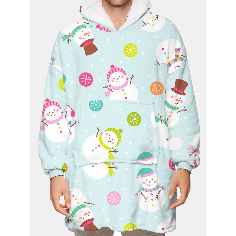 Mens Cartoon Snowman Print Fleece Lined Warm Blanket Hoodie Reversible Loungewear With Pocket - One Size Blue