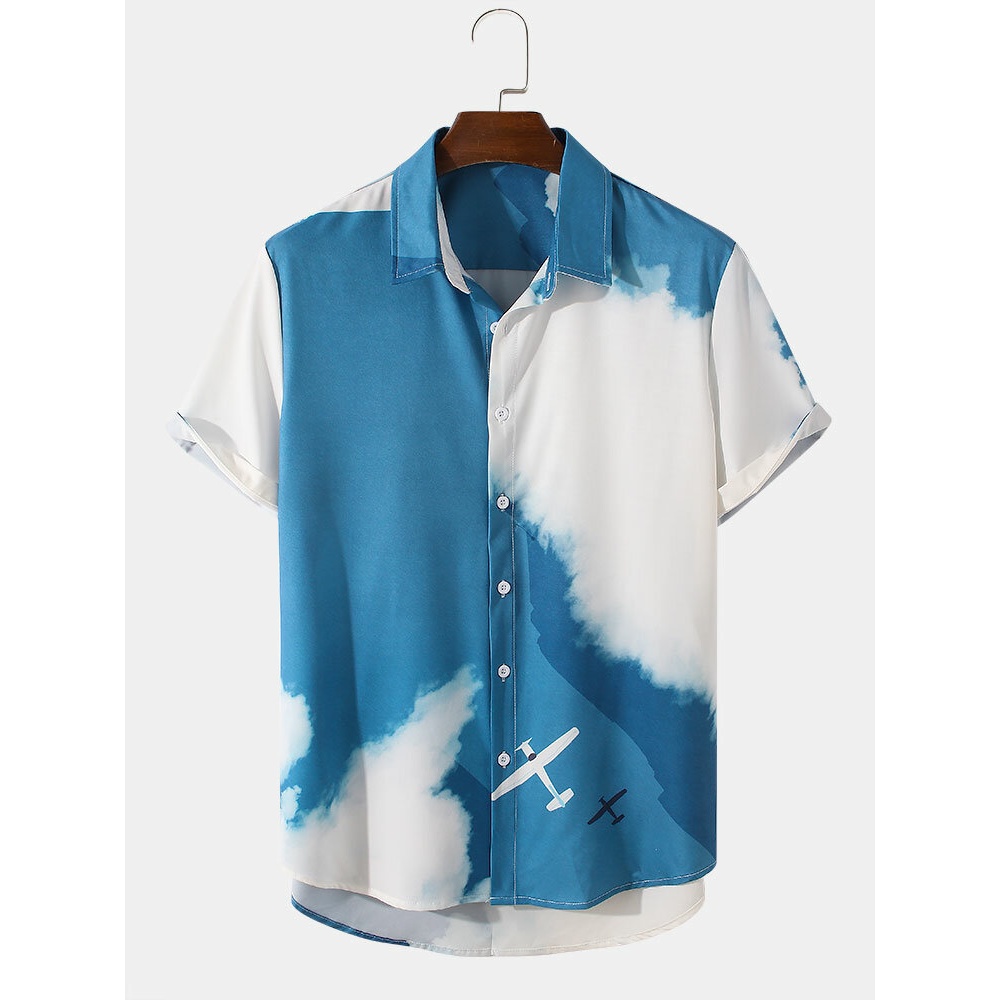 Mens Casual Sky Cloud Print Short Sleeve Shirts - Sky Blue S