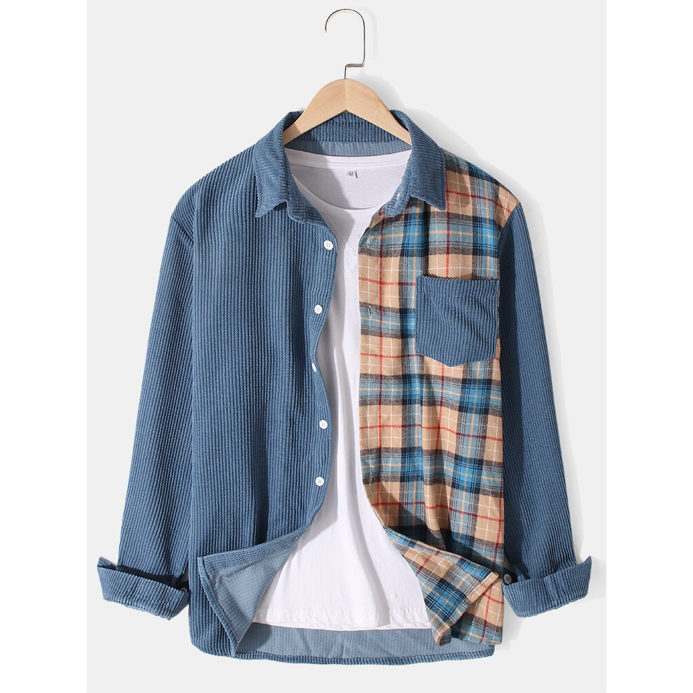 Mens Corduroy Patchwork Plaid Button Up Pocket Long Sleeve Shirts - S Blue