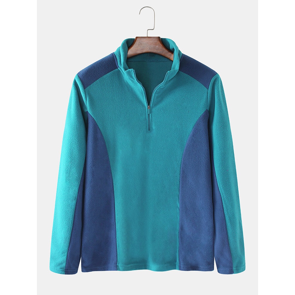 Mens Patchwork Half Zipper Front Warm Fleece Pullover Long Sleeve Sweatshirts - L Blue