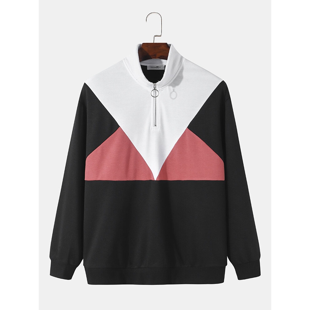 Men Patchwork Colorblock 1/3 Zip High Neck Pullover Sweatshirt - Black S