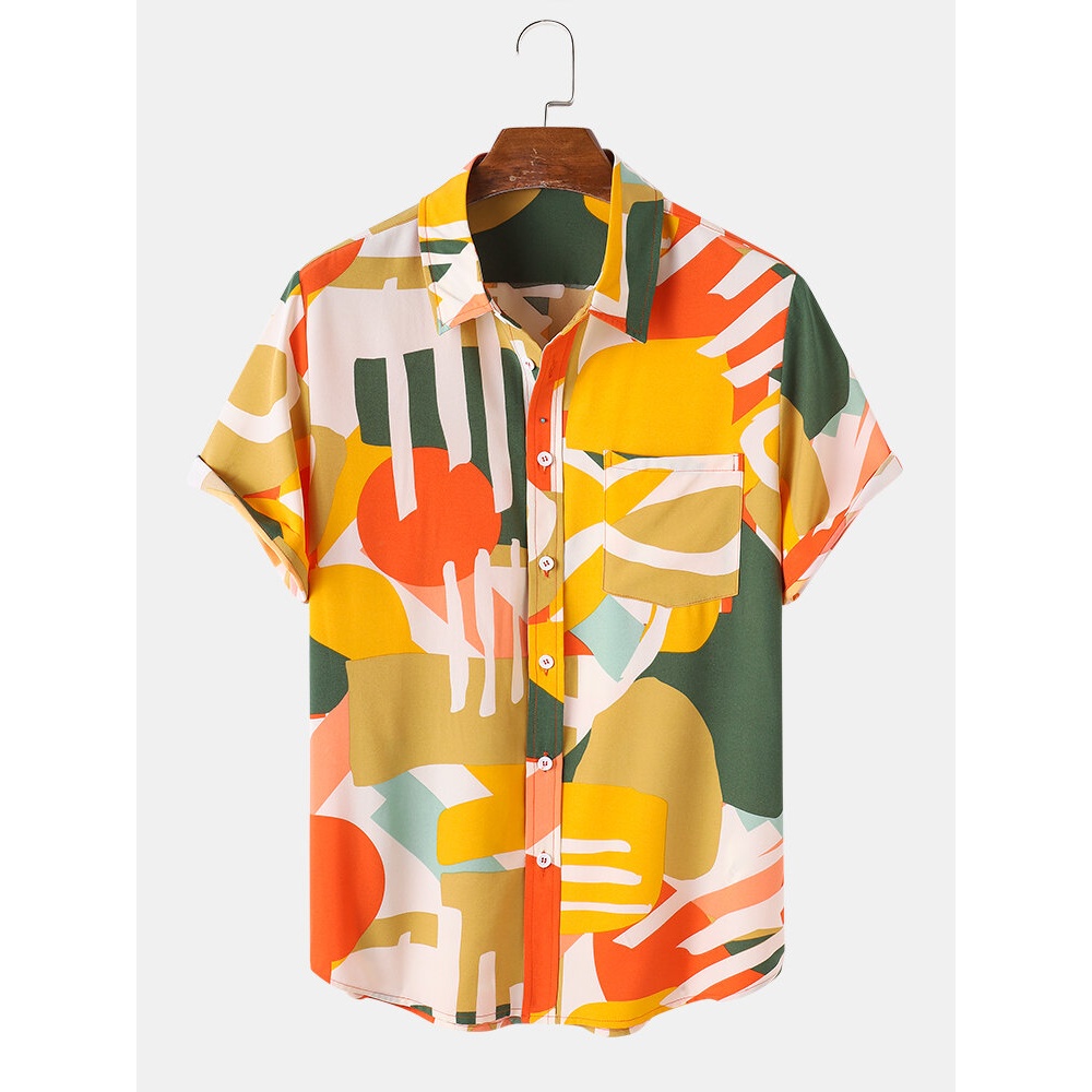 Mens Holiday Color Block Pattern Short Sleeve Shirts - Green M