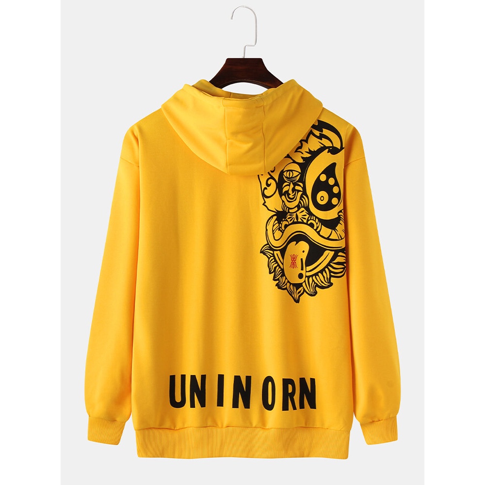 Mens National Style Lion Print Pullover Hoodie With Kangaroo Pocket - White S