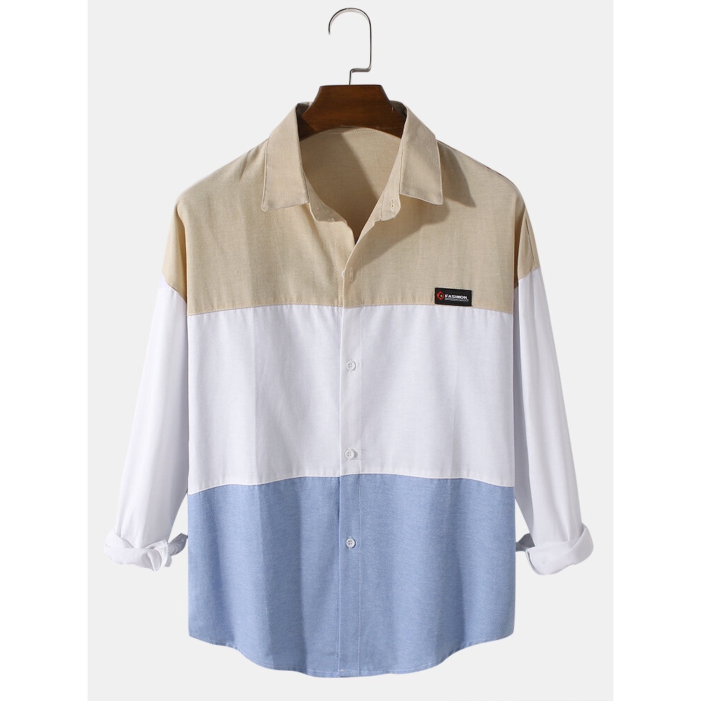 Mens 100% Cotton Colorblock Panel Patchwork Relaxed Fit Long Sleeve Shirts - Sky Blue S