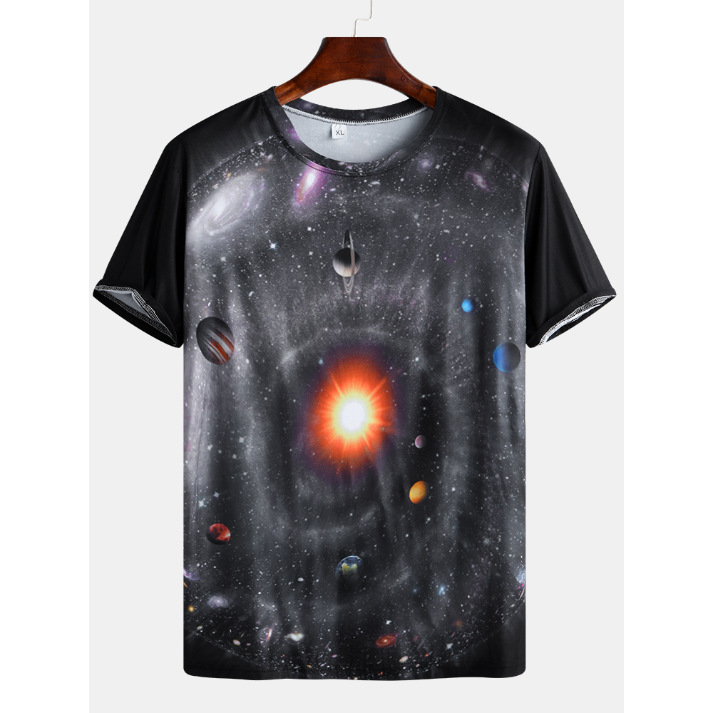 Mens 3D Universe Printing Short Sleeve Casual Summer Shirts - XL Black
