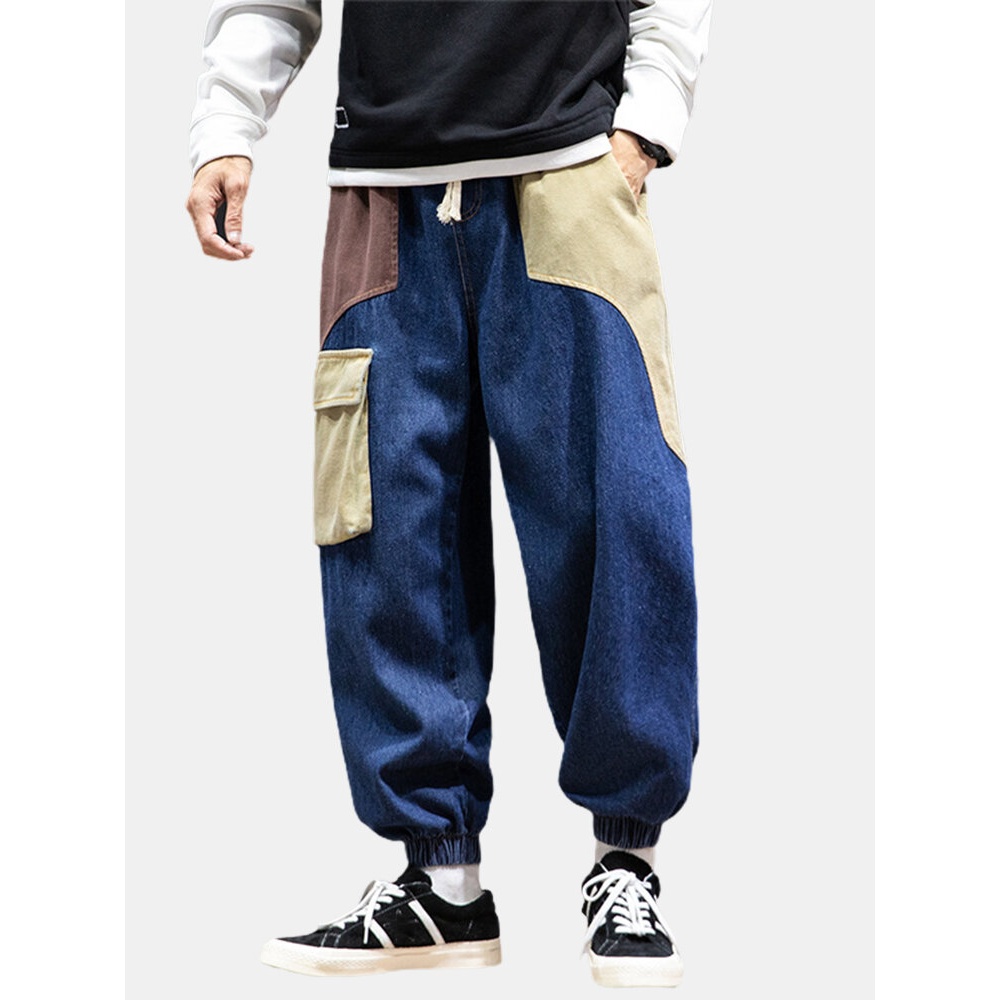 Mens Patchwork Multi Pocket Drawstring Elastic Waist Loose Jogger Jeans - XL Black