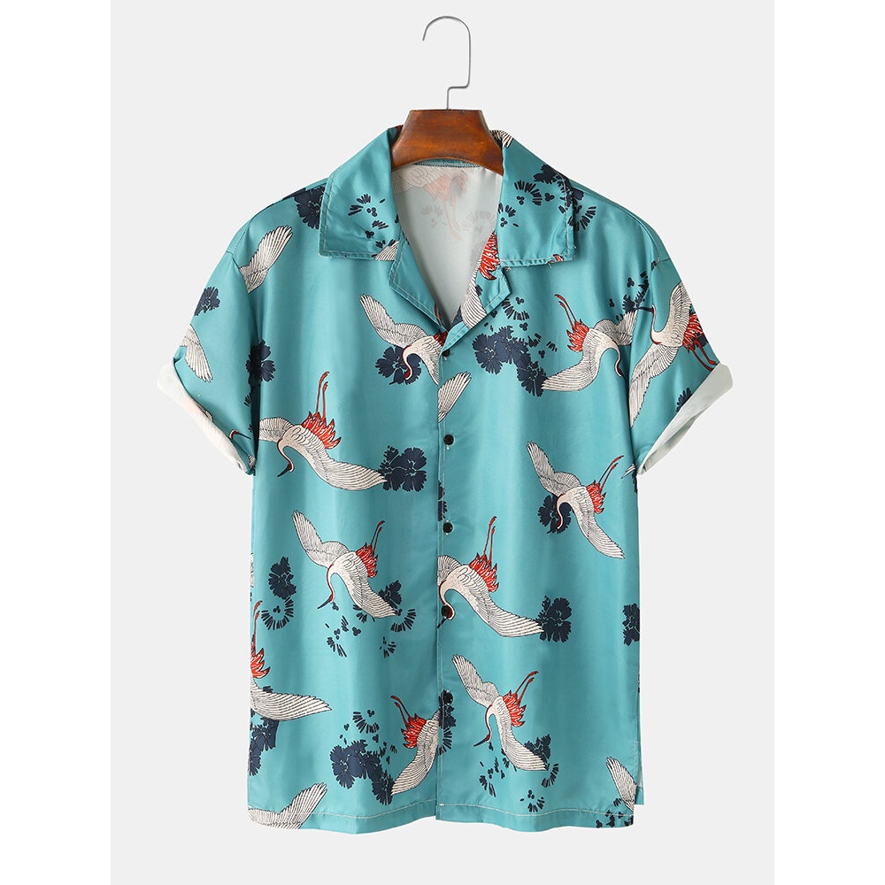 Mens Crane Printed Revere Collar Light Casual Short Sleeve Shirts - White M