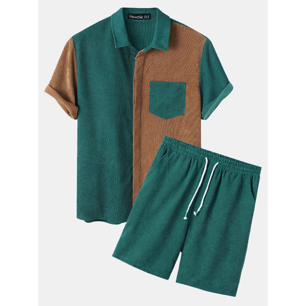 Mens Corduroy Patchwork Short Sleeve Casual Holiday Loungewear Two-Piece Outfits - Green 2XL