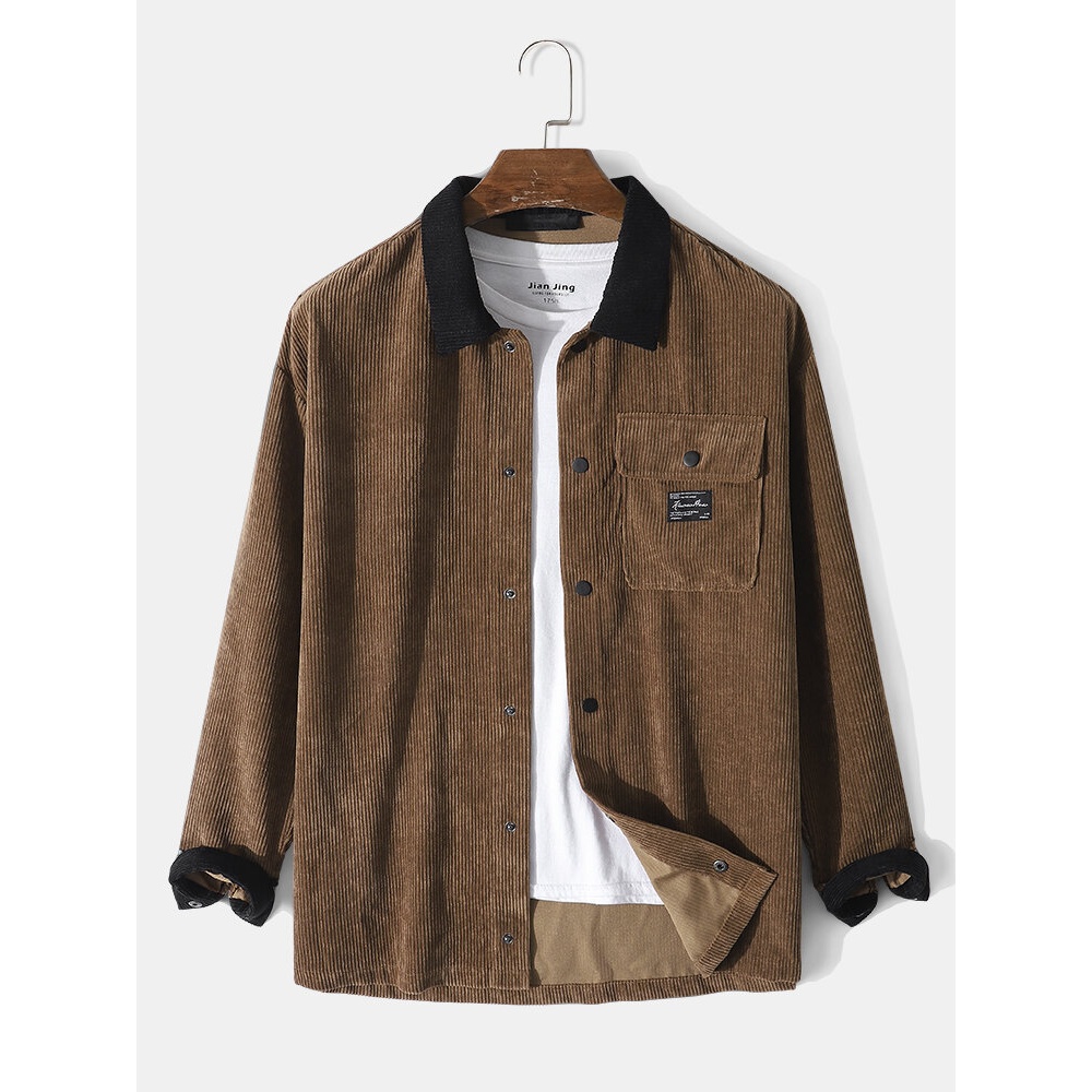 Men Corduroy Contrast Patchwork Snap Button Flap Pocket Casual Shirt - Brown 2XL