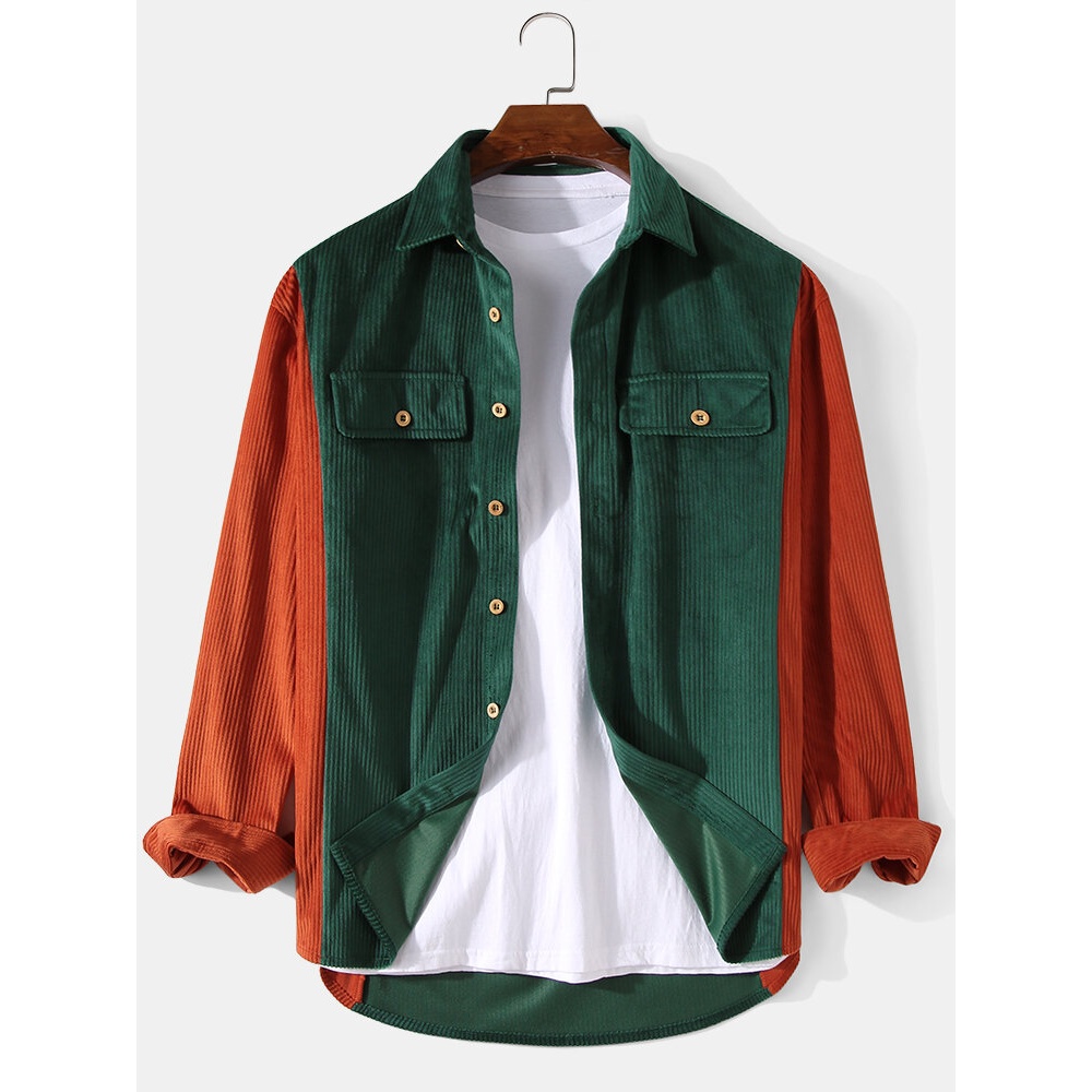 Mens Patchwork Corduroy Button Up Chest Pocket Long Sleeve Cargo Shirts - Green S