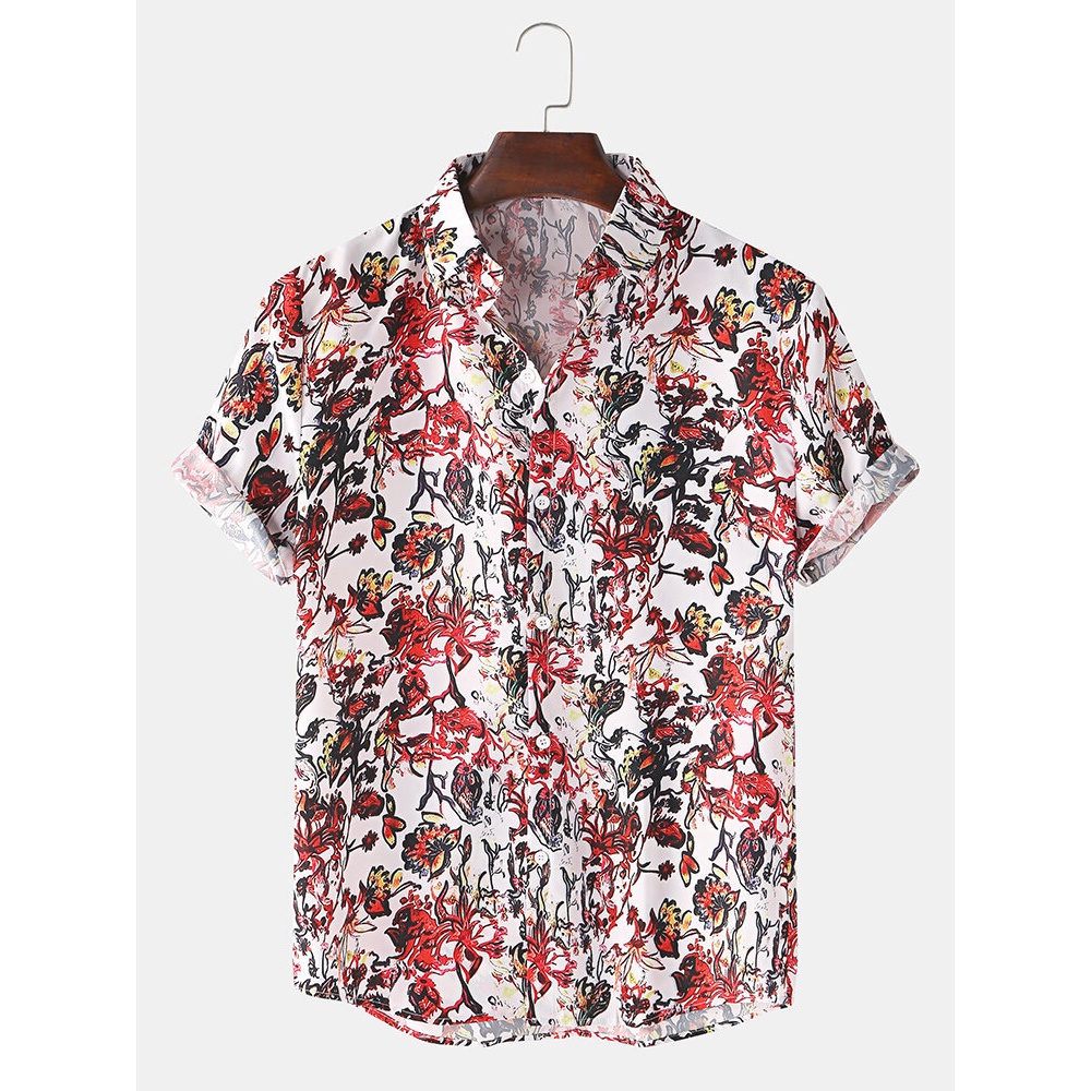 Mens Funny Colorful Graffiti Print Short Sleeve Fold Down Collar Casual Shirts - Red M