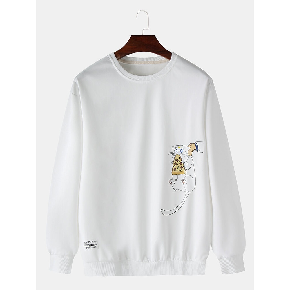 Cute Cartoon Cat Print Pullover Long Sleeve Drop Shoulder Sweatshirts For Men - Grey S