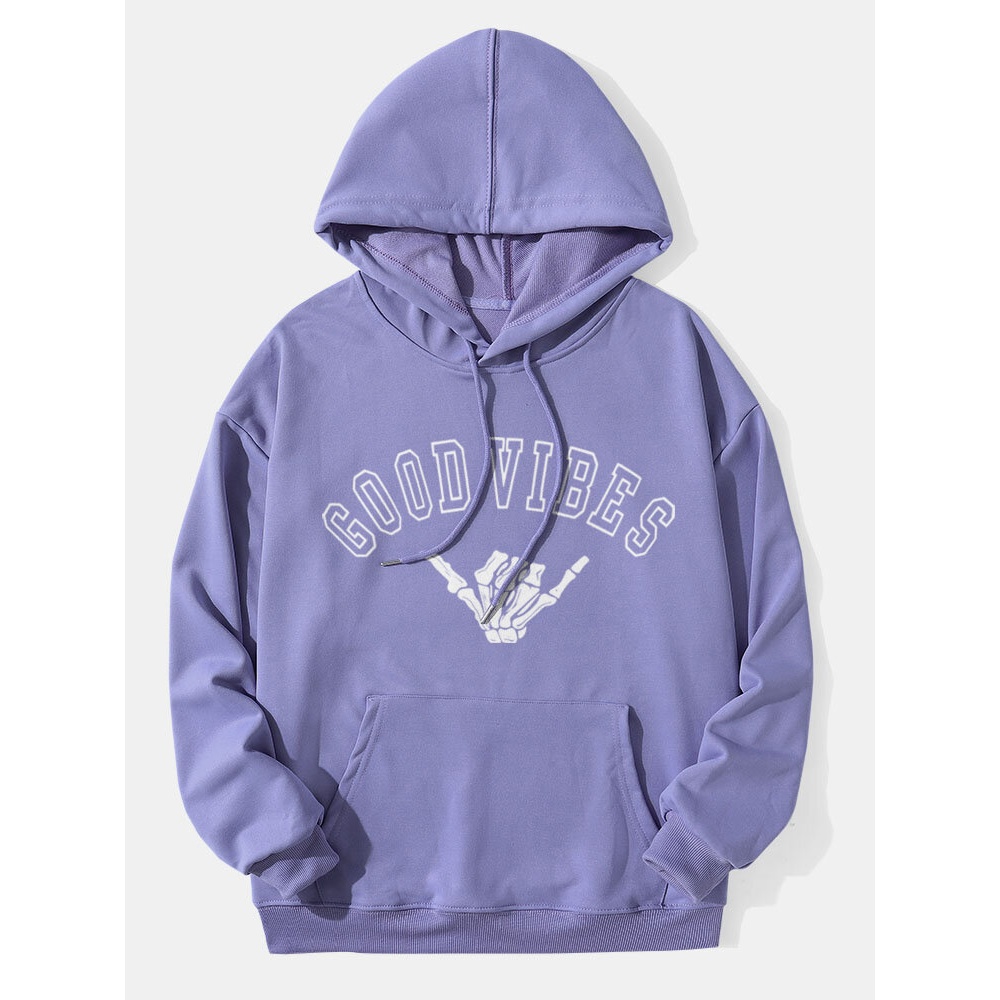 Men Letter Monochrome Skeleton Gesture Print Pullover Casual Hoodies - Black 2XL