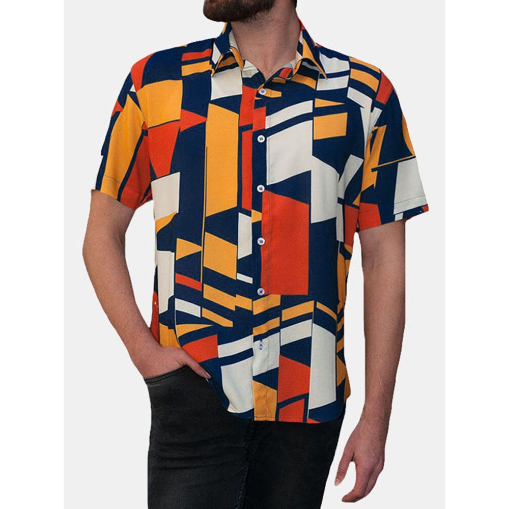 INCERUN Couple Geometric Printing Short Sleeve Fit Tops Casual Shirts - S As Picture