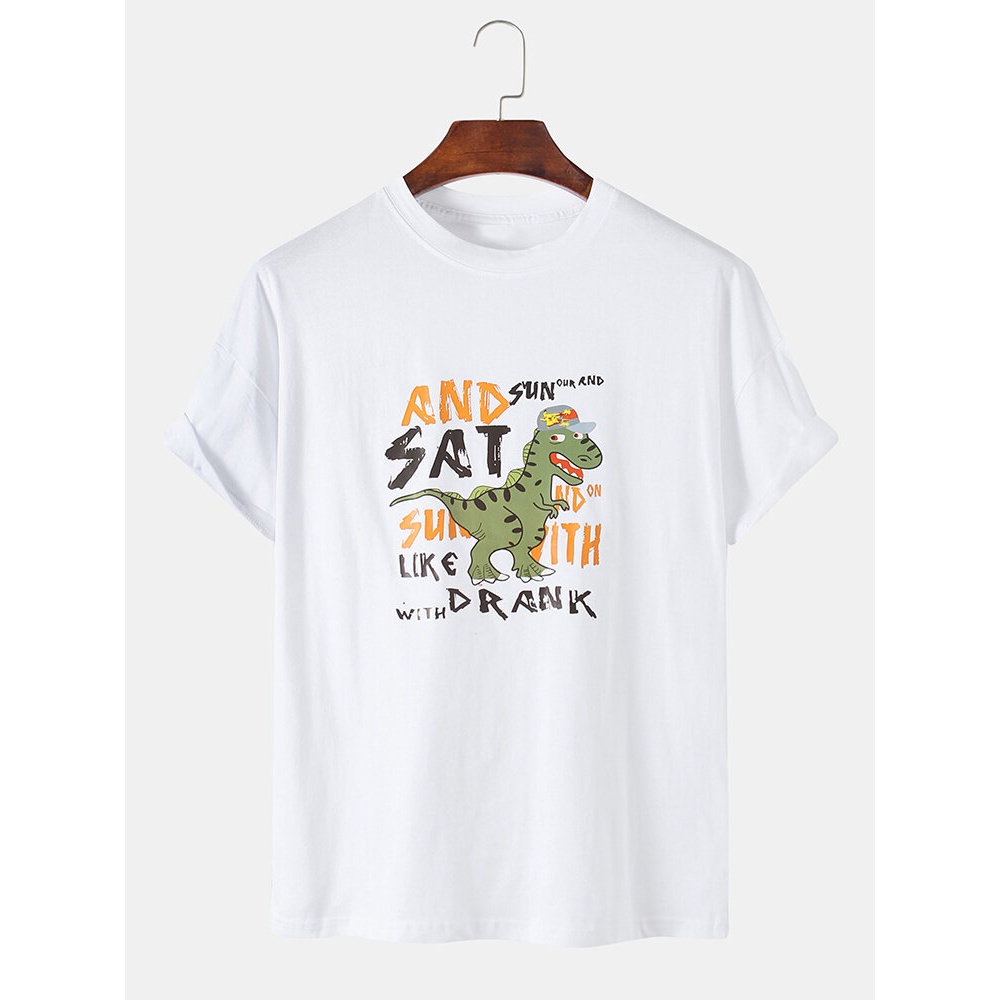 Mens Funny Cartoon Dinosaur Letter Print Short Sleeve Loose T-Shirts - White S