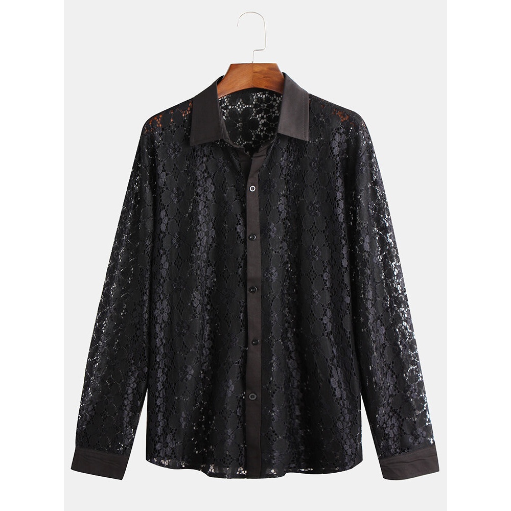 Men Lace Solid Color Long Sleeves Lapel Shirts - M Black
